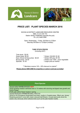 Price List: Plant Species March 2016