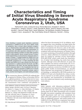 Characteristics and Timing of Initial Virus Shedding in Severe Acute Respiratory Syndrome Coronavirus 2, Utah, USA Nathaniel M