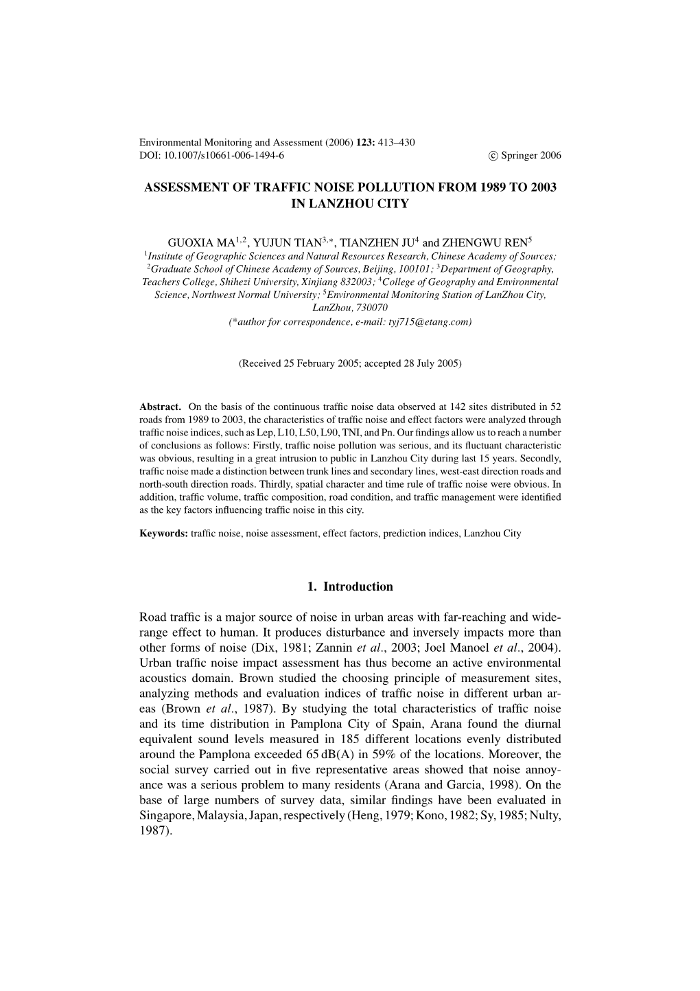 Assessment of Traffic Noise Pollution from 1989 to 2003 in Lanzhou City