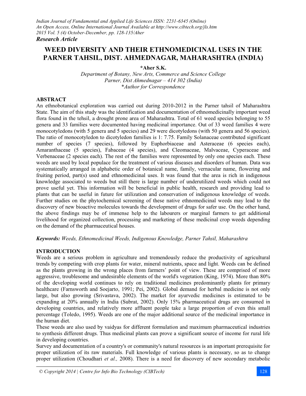 Weed Diversity and Their Ethnomedicinal Uses in the Parner Tahsil, Dist