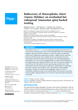 Rediscovery of Osteocephalus Vilarsi (Anura: Hylidae): an Overlooked but Widespread Amazonian Spiny-Backed Treefrog