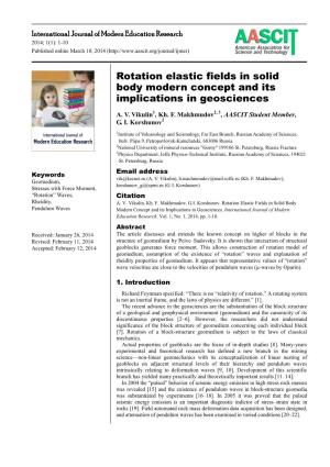 Rotation Elastic Fields in Solid Body Modern Concept and Its Implications in Geosciences