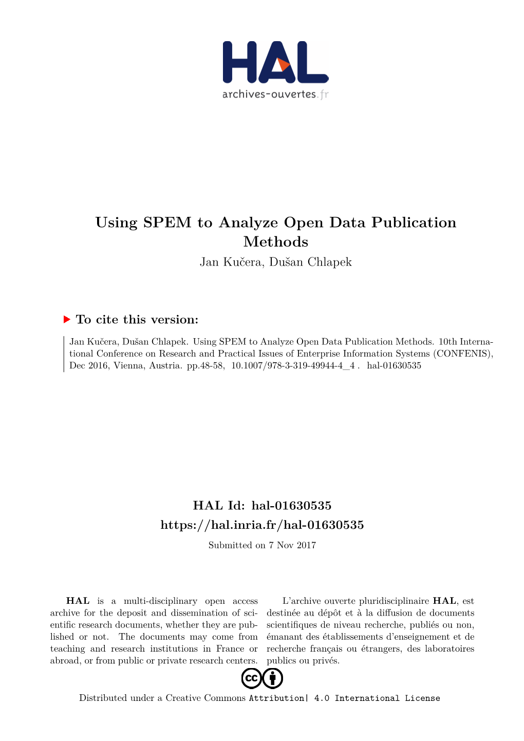 Using SPEM to Analyze Open Data Publication Methods Jan Kučera, Dušan Chlapek