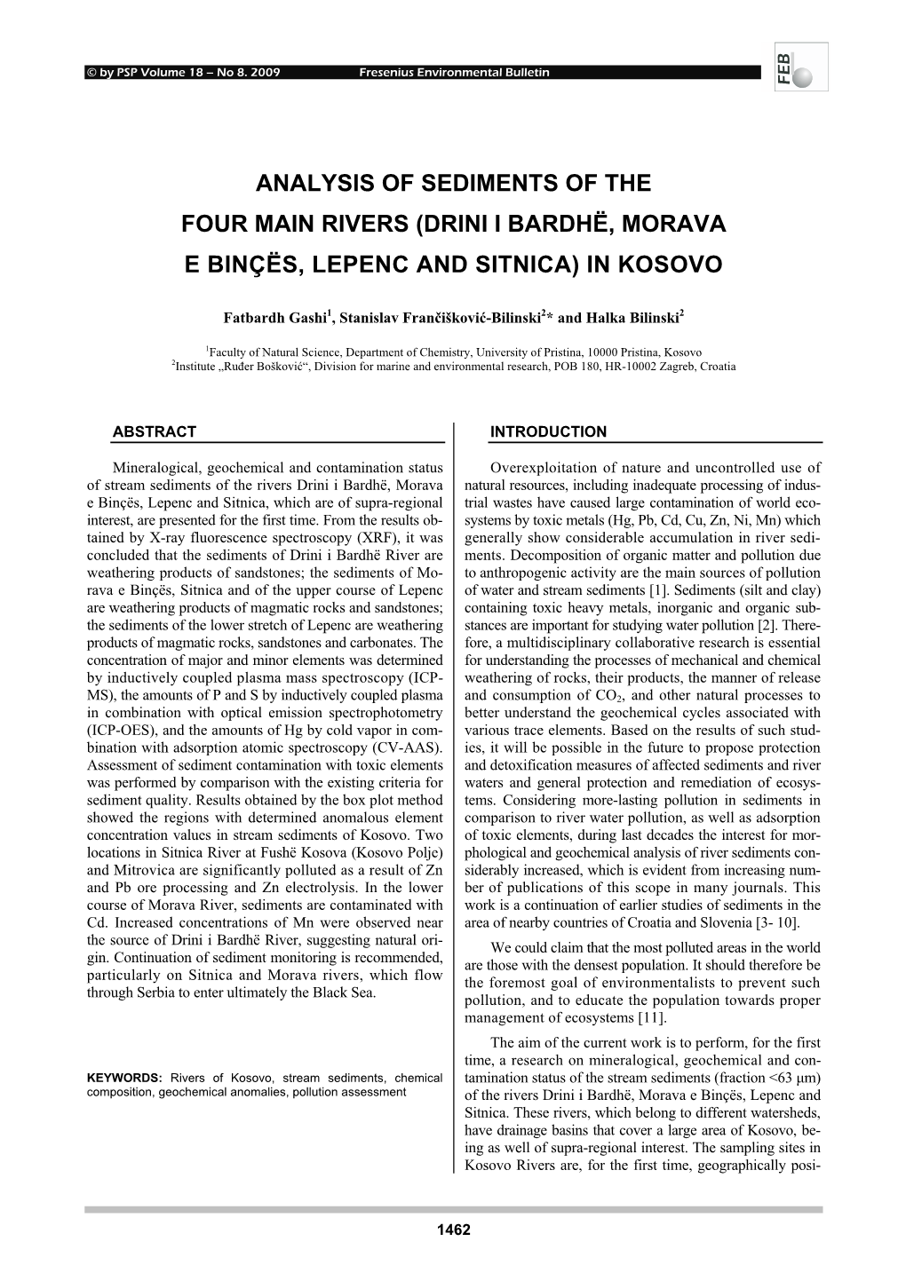 Analysis of Sediments of the Four Main Rivers (Drini I Bardhë, Morava E Binçës, Lepenc and Sitnica) in Kosovo