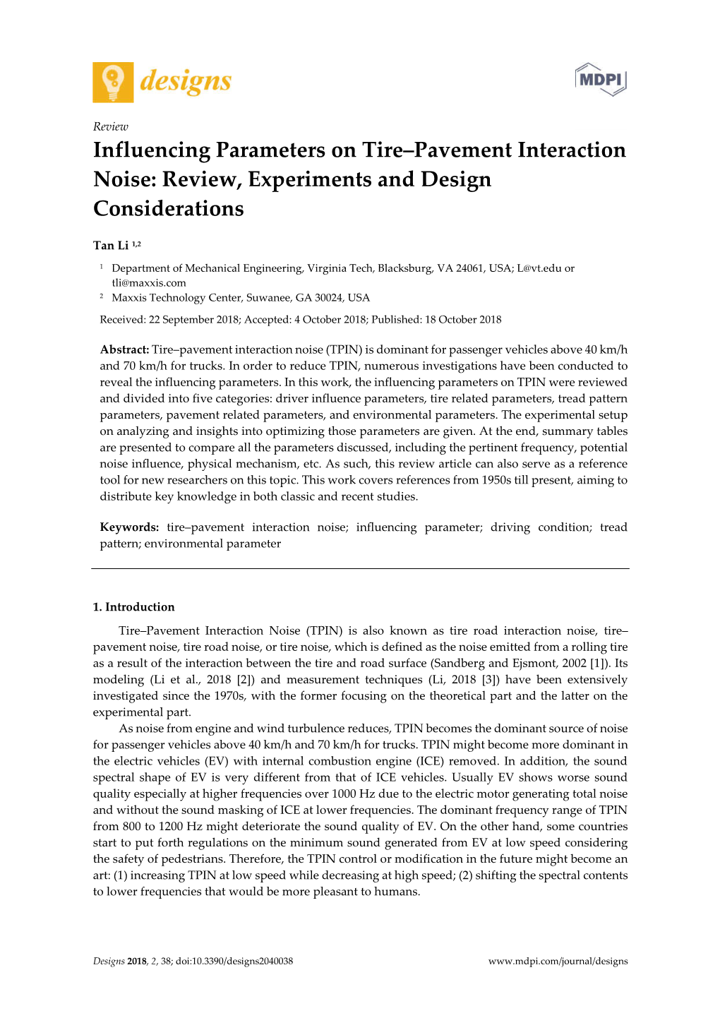 Influencing Parameters on Tire–Pavement Interaction Noise: Review, Experiments and Design Considerations