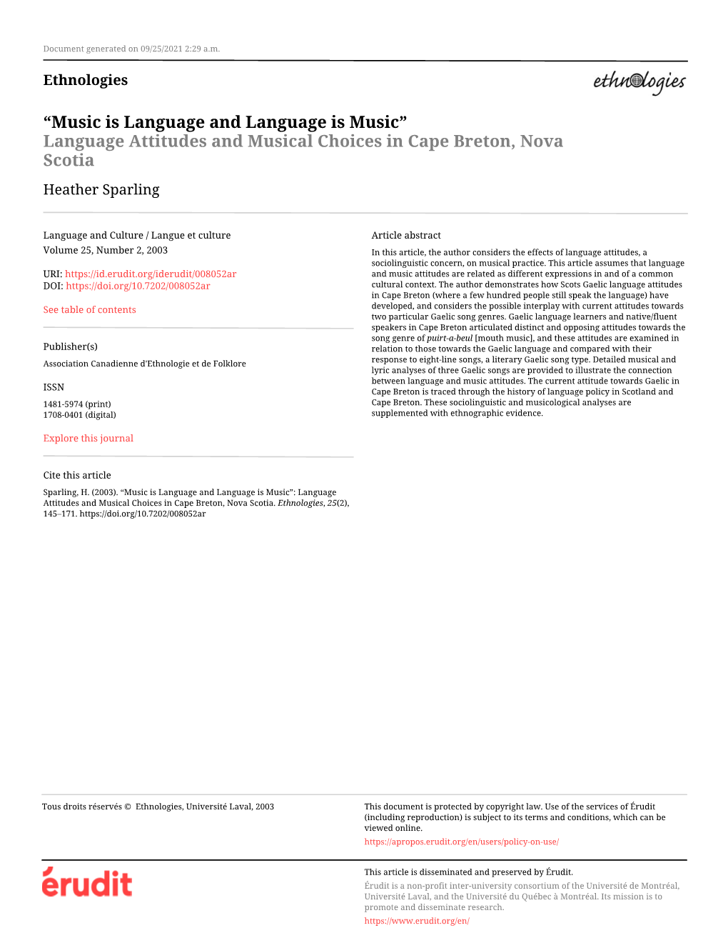 Language Attitudes and Musical Choices in Cape Breton, Nova Scotia Heather Sparling