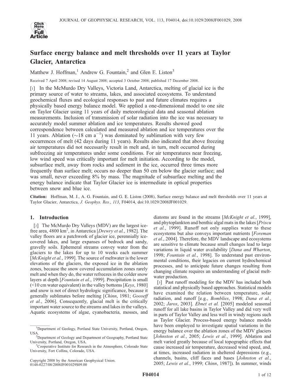 Surface Energy Balance and Melt Thresholds Over 11 Years at Taylor Glacier, Antarctica Matthew J