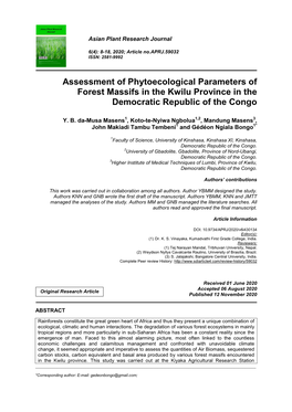 Assessment of Phytoecological Parameters of Forest Massifs in the Kwilu Province in the Democratic Republic of the Congo
