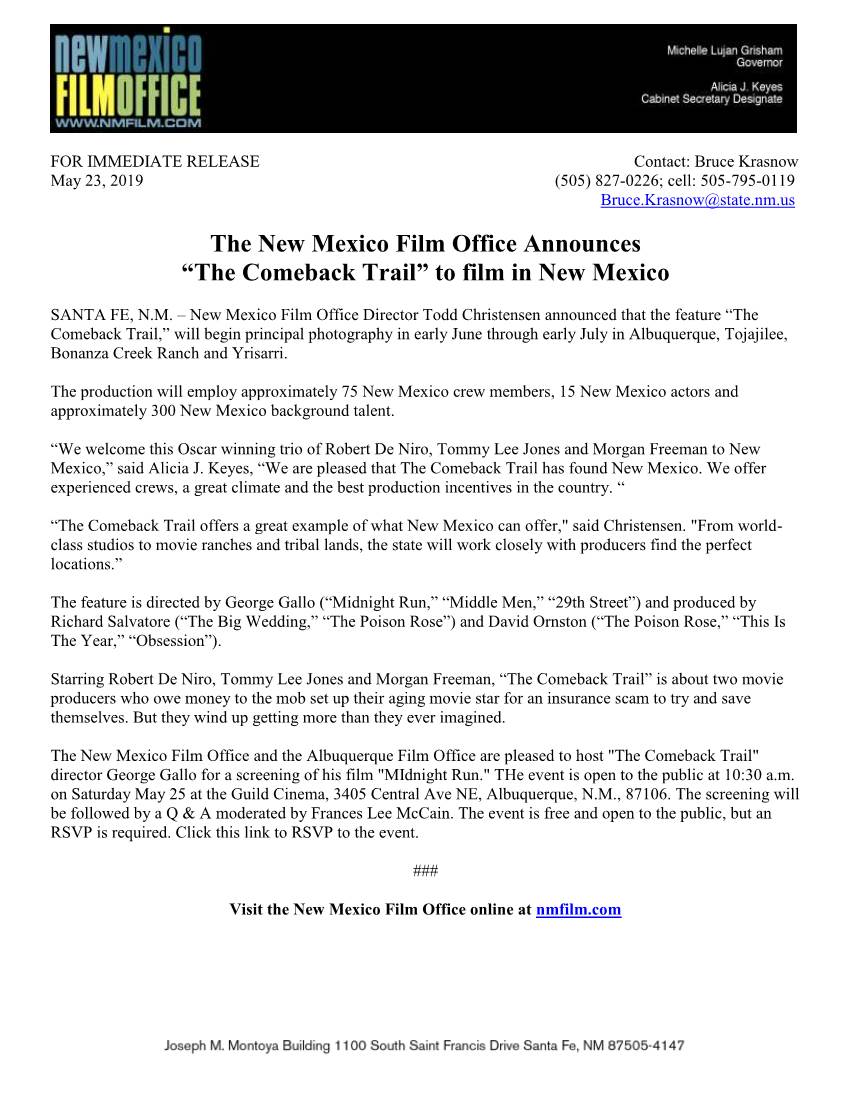 The New Mexico Film Office Announces “The Comeback Trail” to Film in New Mexico