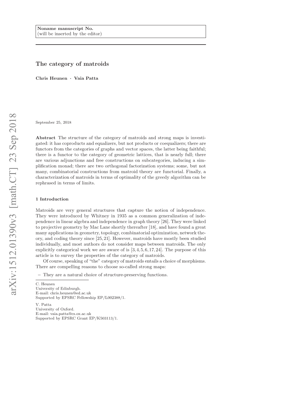 Arxiv:1512.01390V3 [Math.CT] 23 Sep 2018 Abstract 2018 25, September Upre Yescgatep/K503113/1