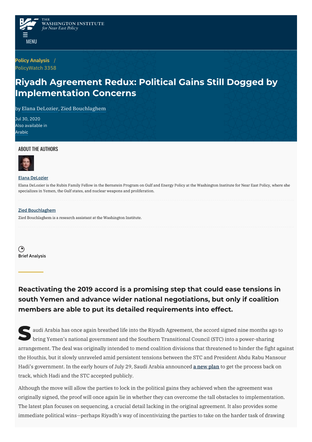Riyadh Agreement Redux: Political Gains Still Dogged by Implementation Concerns | the Washington Institute