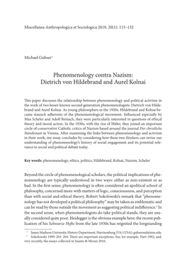 Phenomenology Contra Nazism: Dietrich Von Hildebrand and Aurel Kolnai