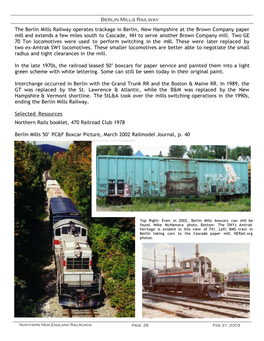 Berlin Mills Railway the Berlin Mills Railway Operates Trackage in Berlin, New Hampshire at the Brown Company Paper Mill And