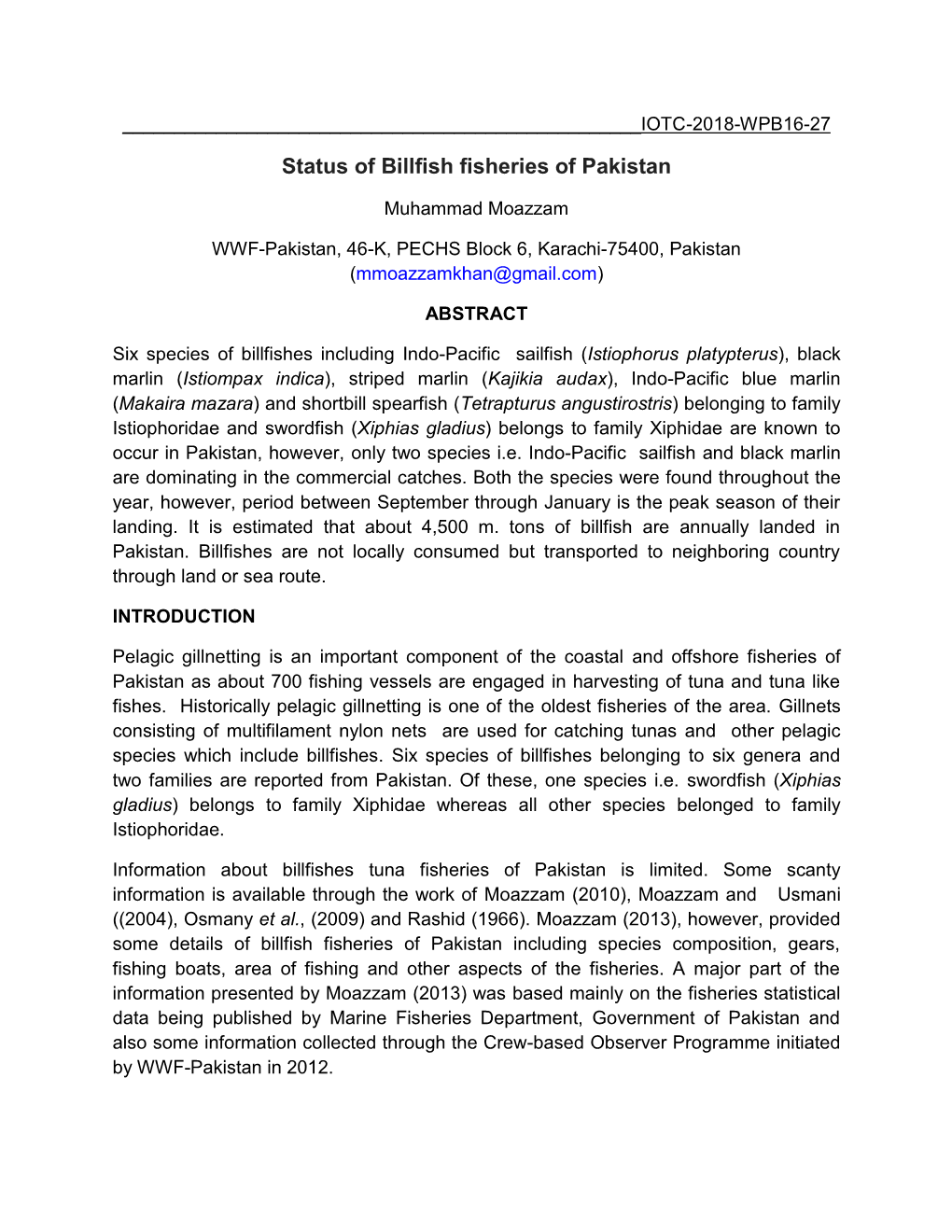 Status of Billfish Fisheries of Pakistan