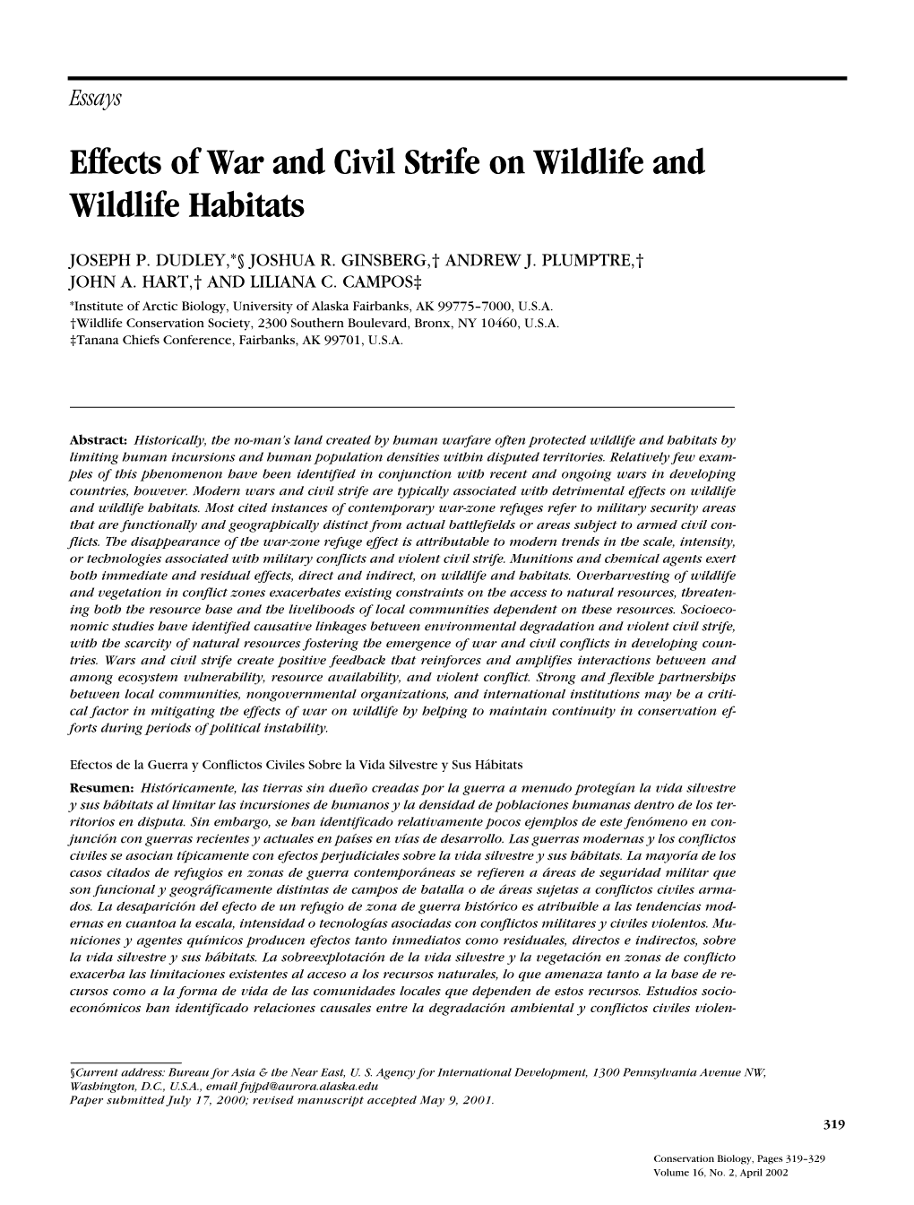 Effects of War and Civil Strife on Wildlife and Wildlife Habitats