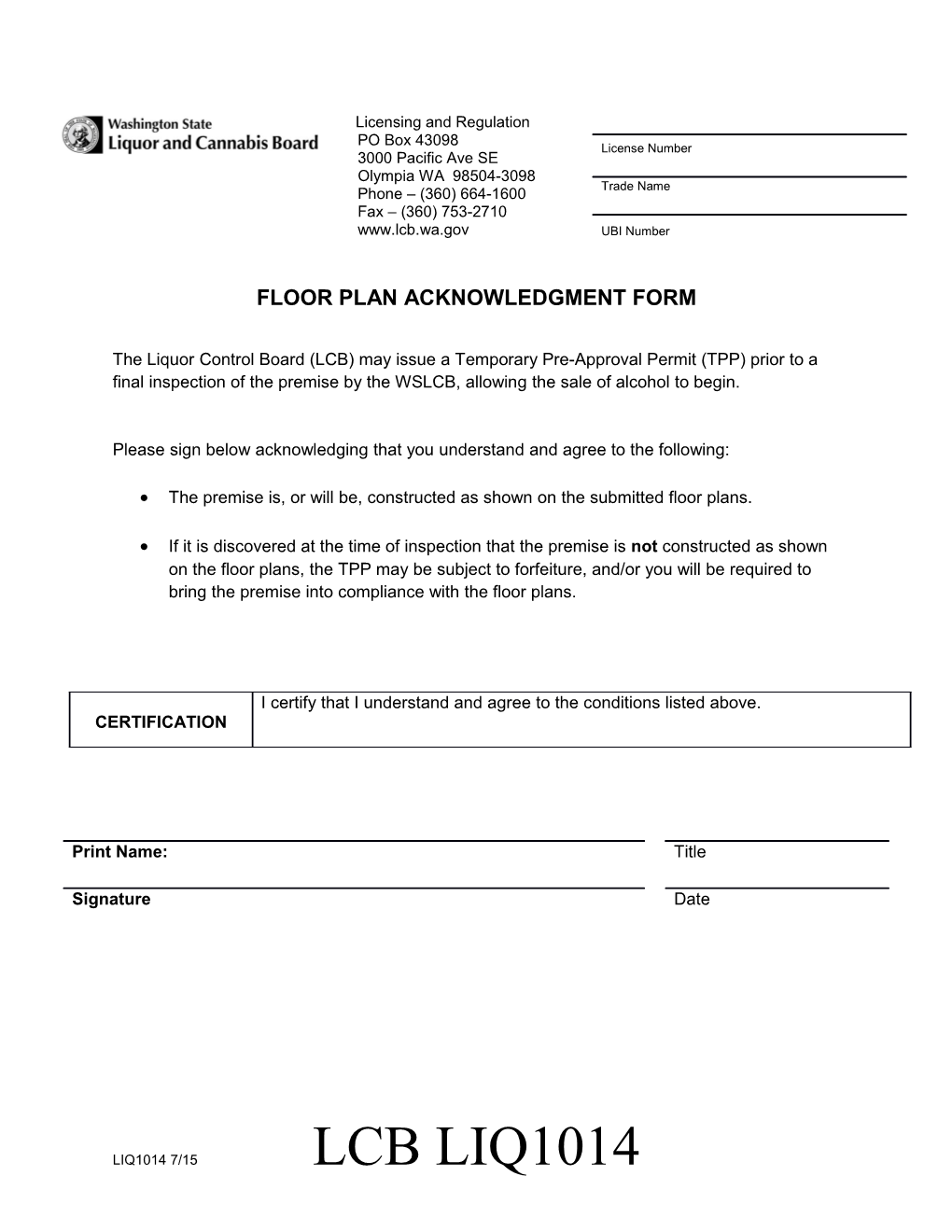 Licensing and Regulation Floor Plan Acknowledgment