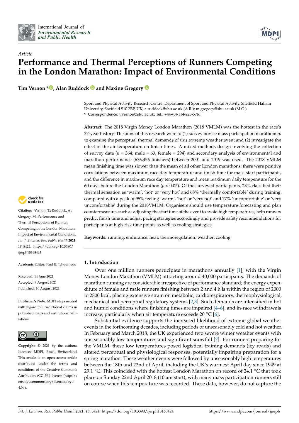 Performance and Thermal Perceptions of Runners Competing in the London Marathon: Impact of Environmental Conditions