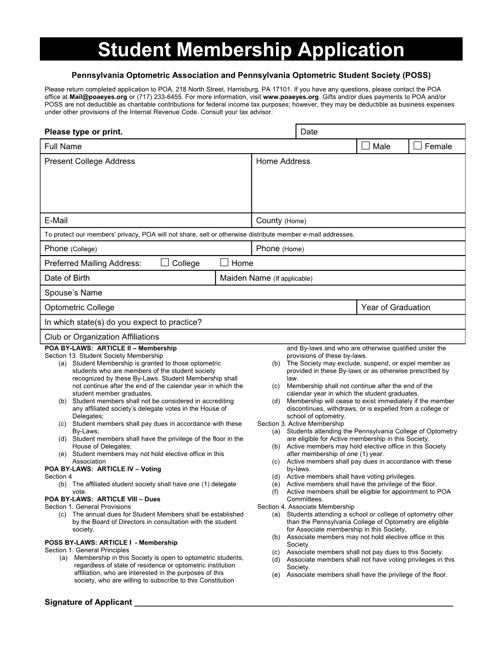 Student Membership Application