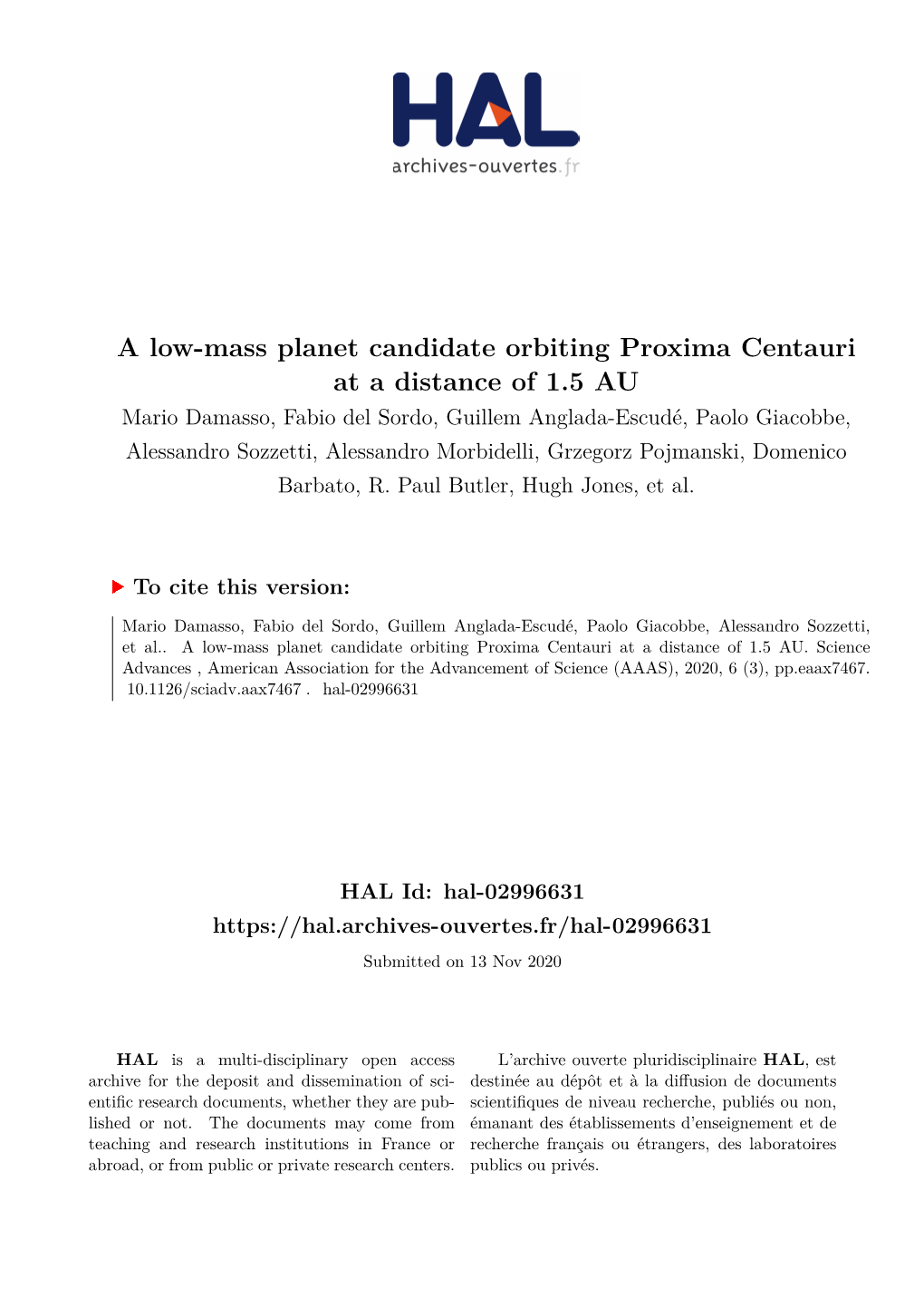 A Low-Mass Planet Candidate Orbiting Proxima Centauri at a Distance Of