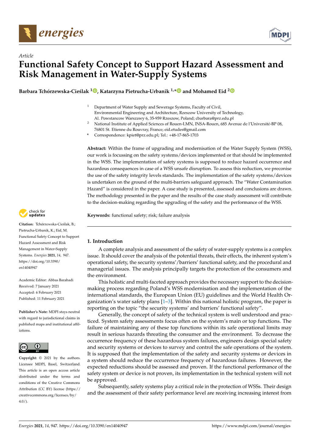 Functional Safety Concept to Support Hazard Assessment and Risk Management in Water-Supply Systems