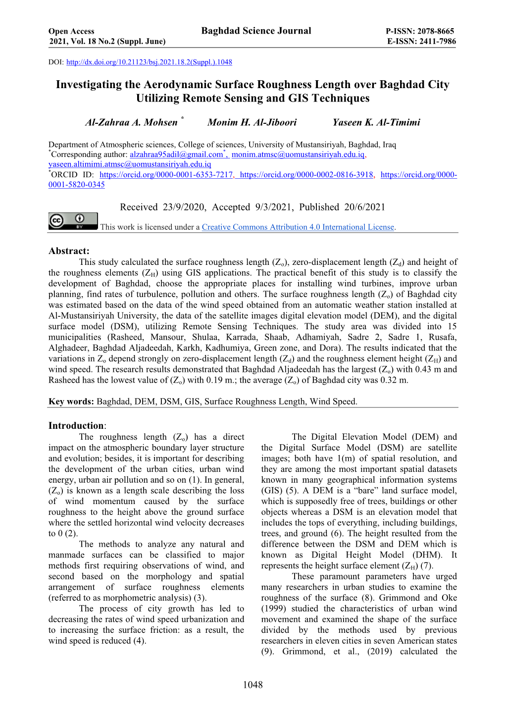 Investigating the Aerodynamic Surface Roughness Length Over Baghdad City Utilizing Remote Sensing and GIS Techniques