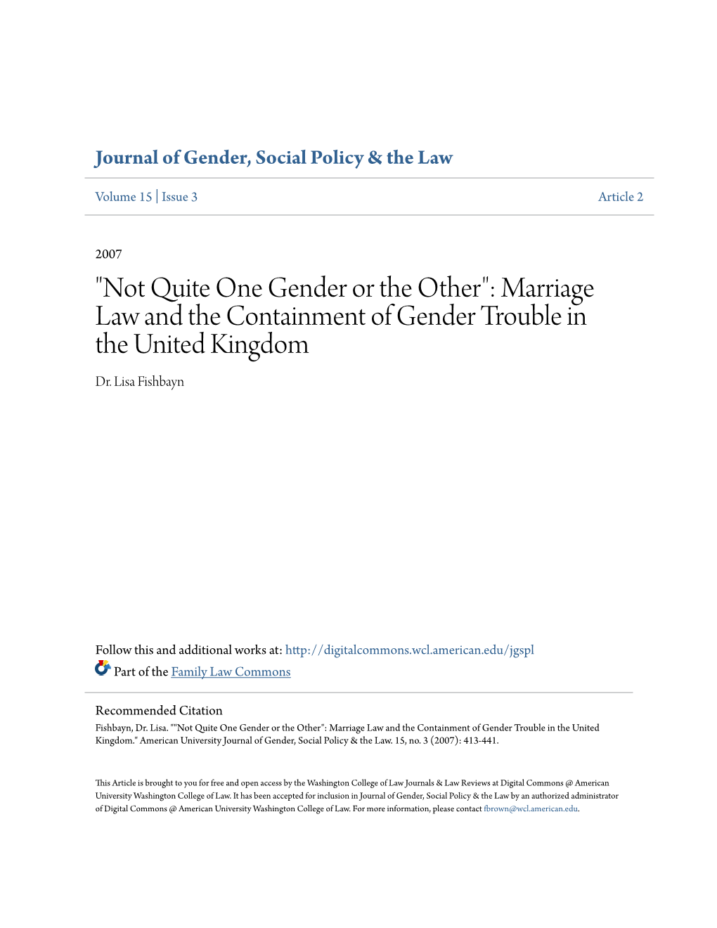Marriage Law and the Containment of Gender Trouble in the United Kingdom Dr