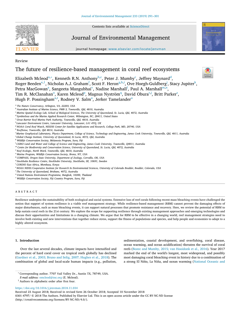 The Future of Resilience-Based Management in Coral Reef Ecosystems T ∗ Elizabeth Mcleoda, , Kenneth R.N