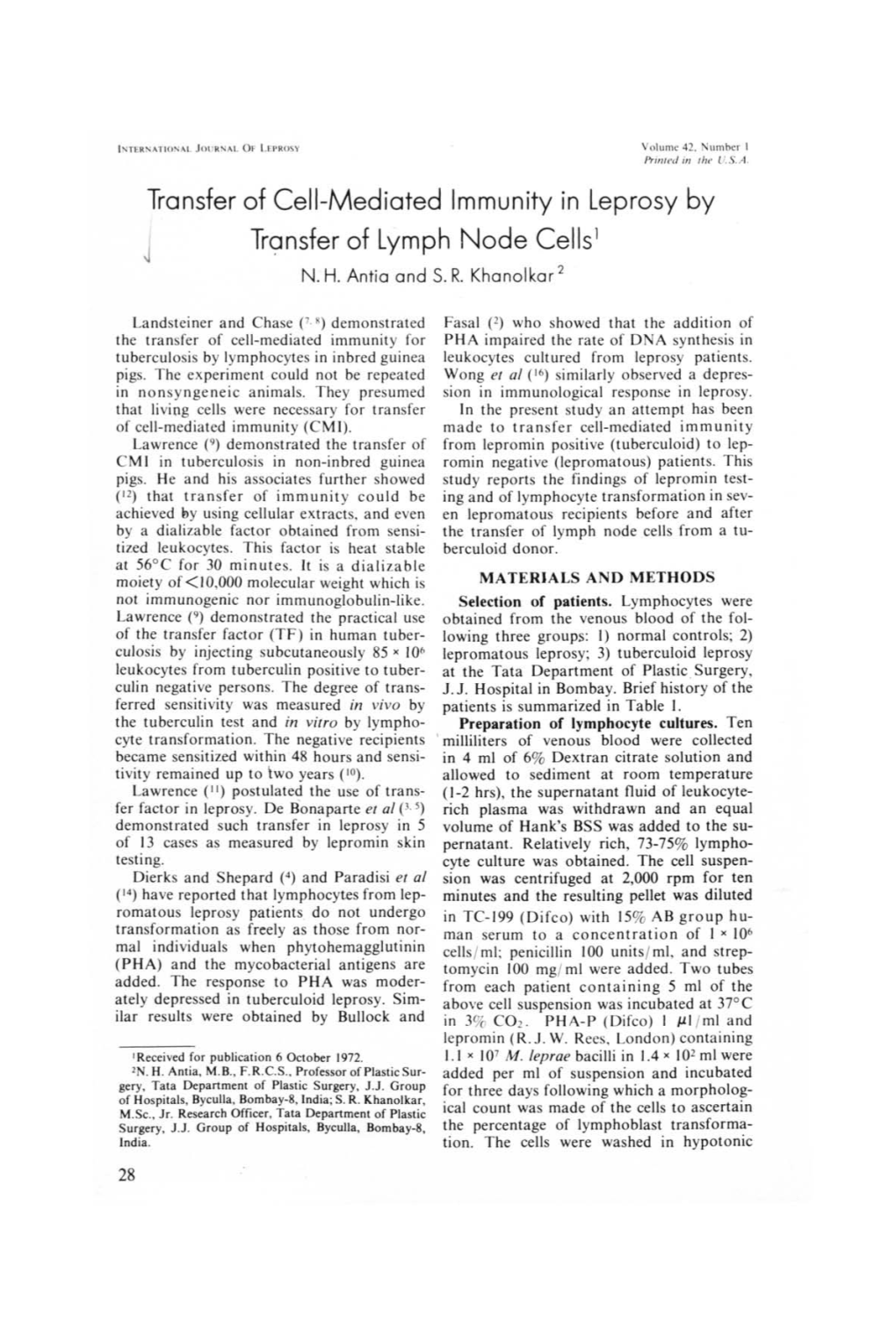Transfer of Cell-Mediated Immunity in Leprosy by Tn;Jnsfer of Lymph