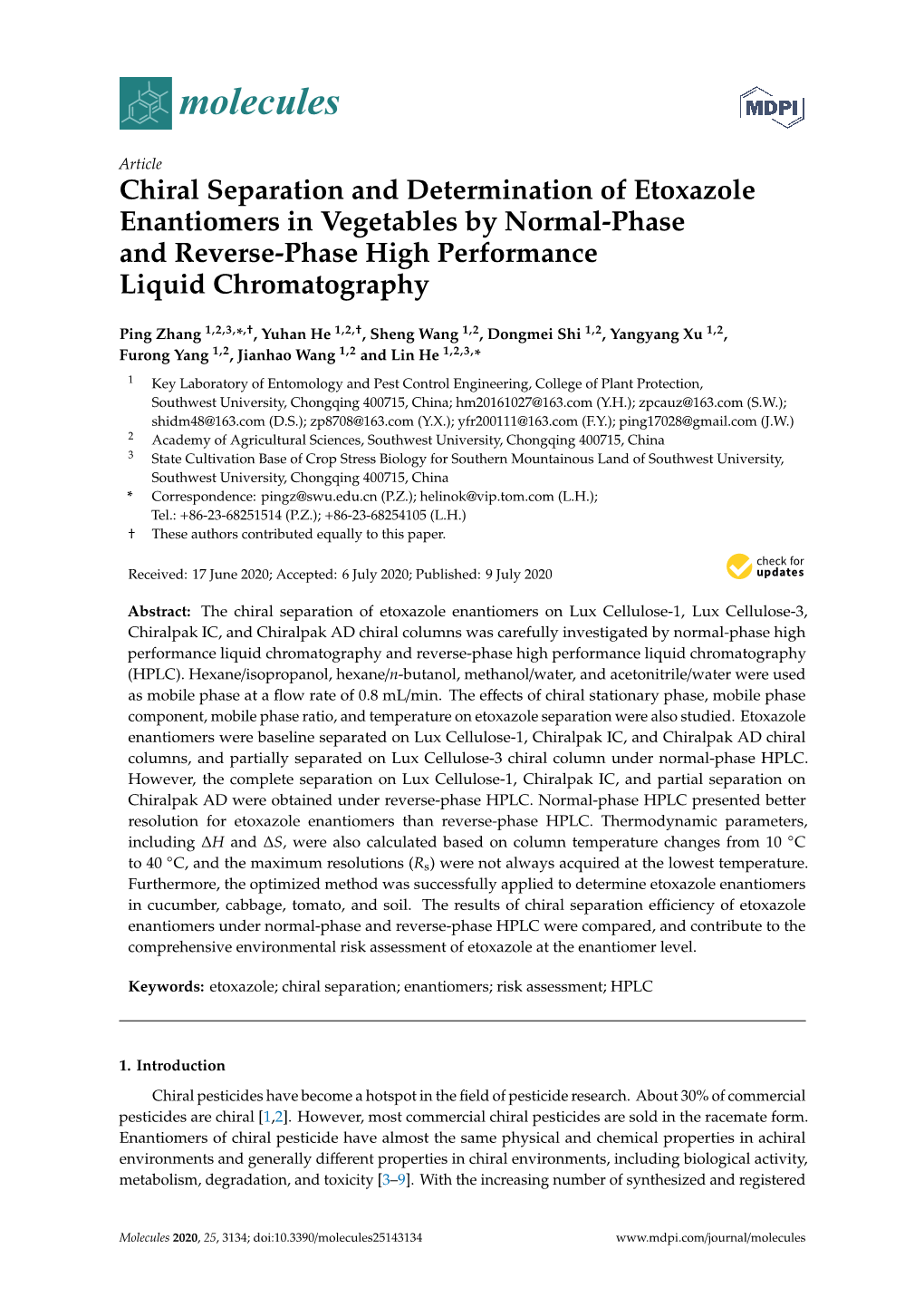 Chiral Separation and Determination of Etoxazole Enantiomers in Vegetables by Normal-Phase and Reverse-Phase High Performance Liquid Chromatography