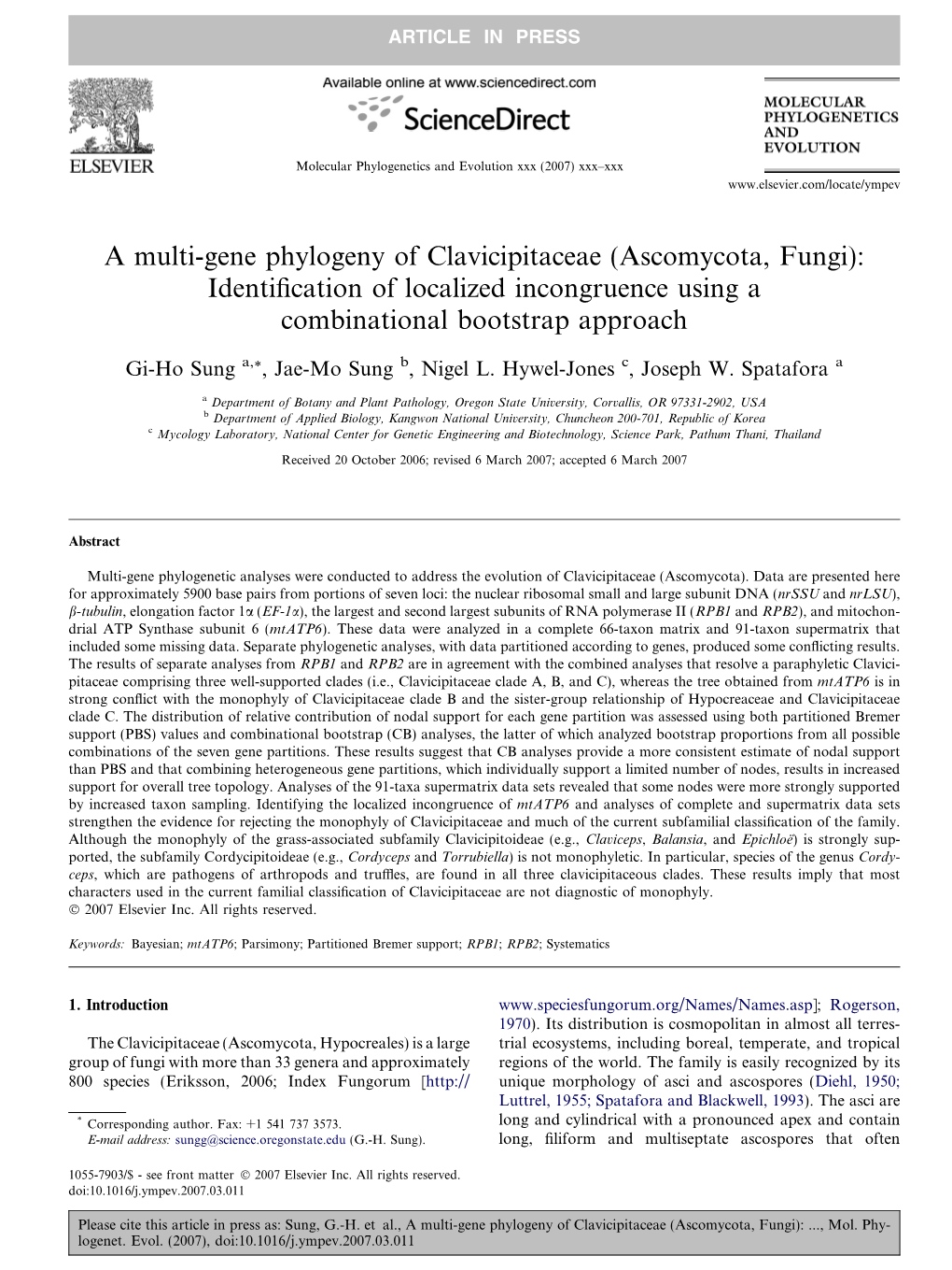 A Multi-Gene Phylogeny of Clavicipitaceae (Ascomycota, Fungi): Identification of Localized Incongruence Using a Combinational Bo