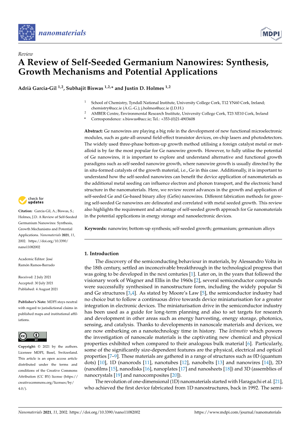 A Review of Self-Seeded Germanium Nanowires: Synthesis, Growth Mechanisms and Potential Applications