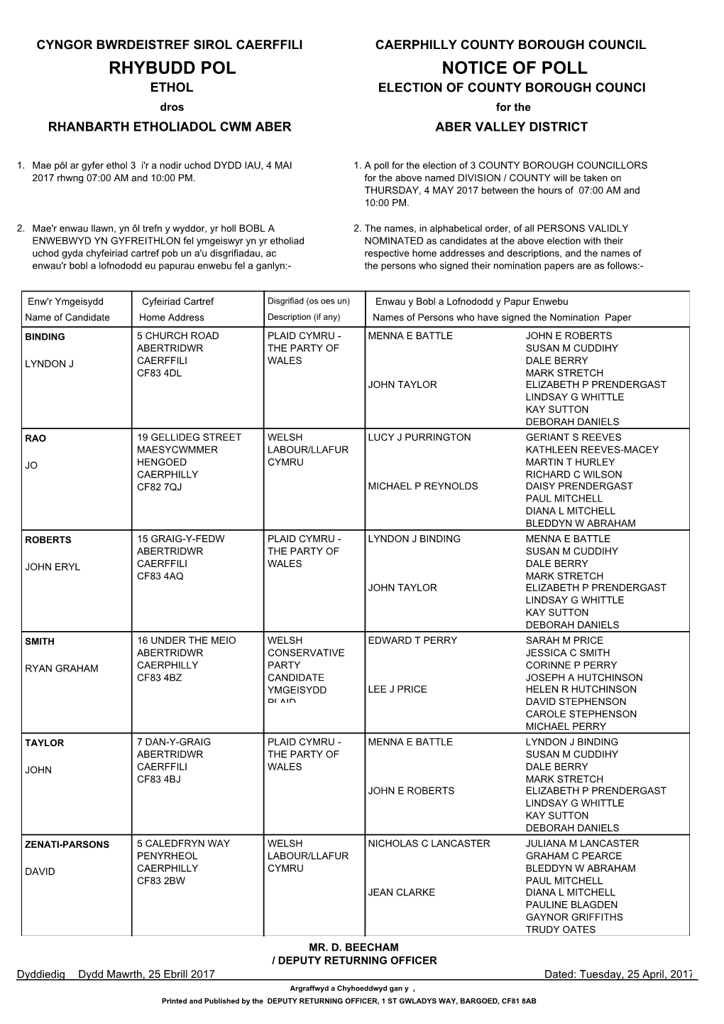 RHYBUDD POL NOTICE of POLL ETHOL ELECTION of COUNTY BOROUGH COUNCI Dros for the RHANBARTH ETHOLIADOL CWM ABER ABER VALLEY DISTRICT