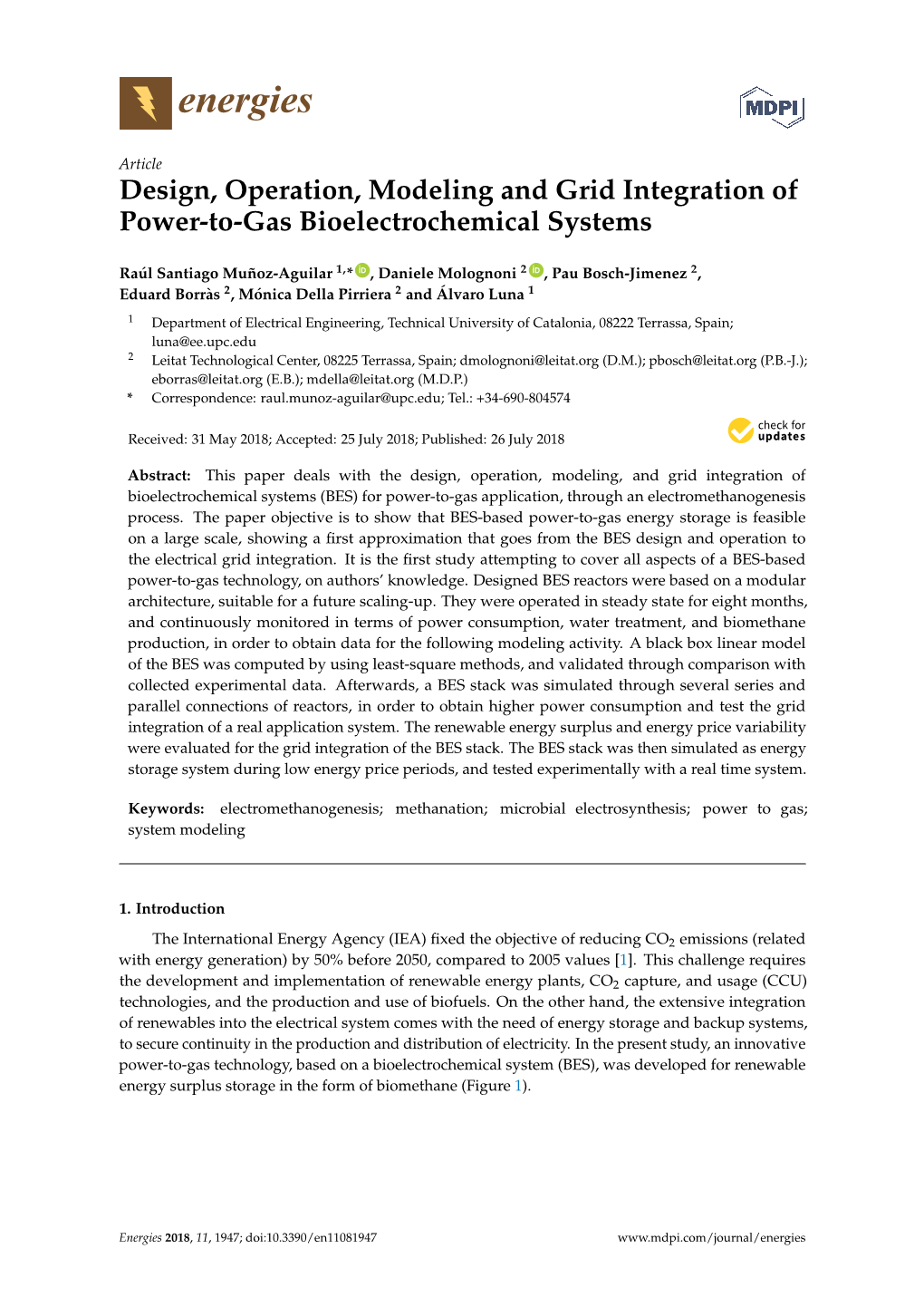 Design, Operation, Modeling and Grid Integration of Power-To-Gas Bioelectrochemical Systems