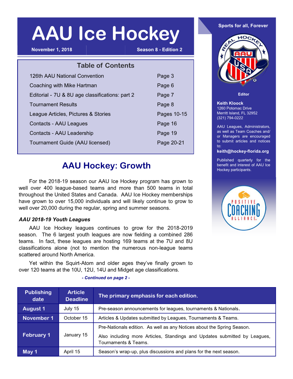 AAU Ice Hockey Sports for All, Forever November 1, 2018 Season 8 - Edition 2