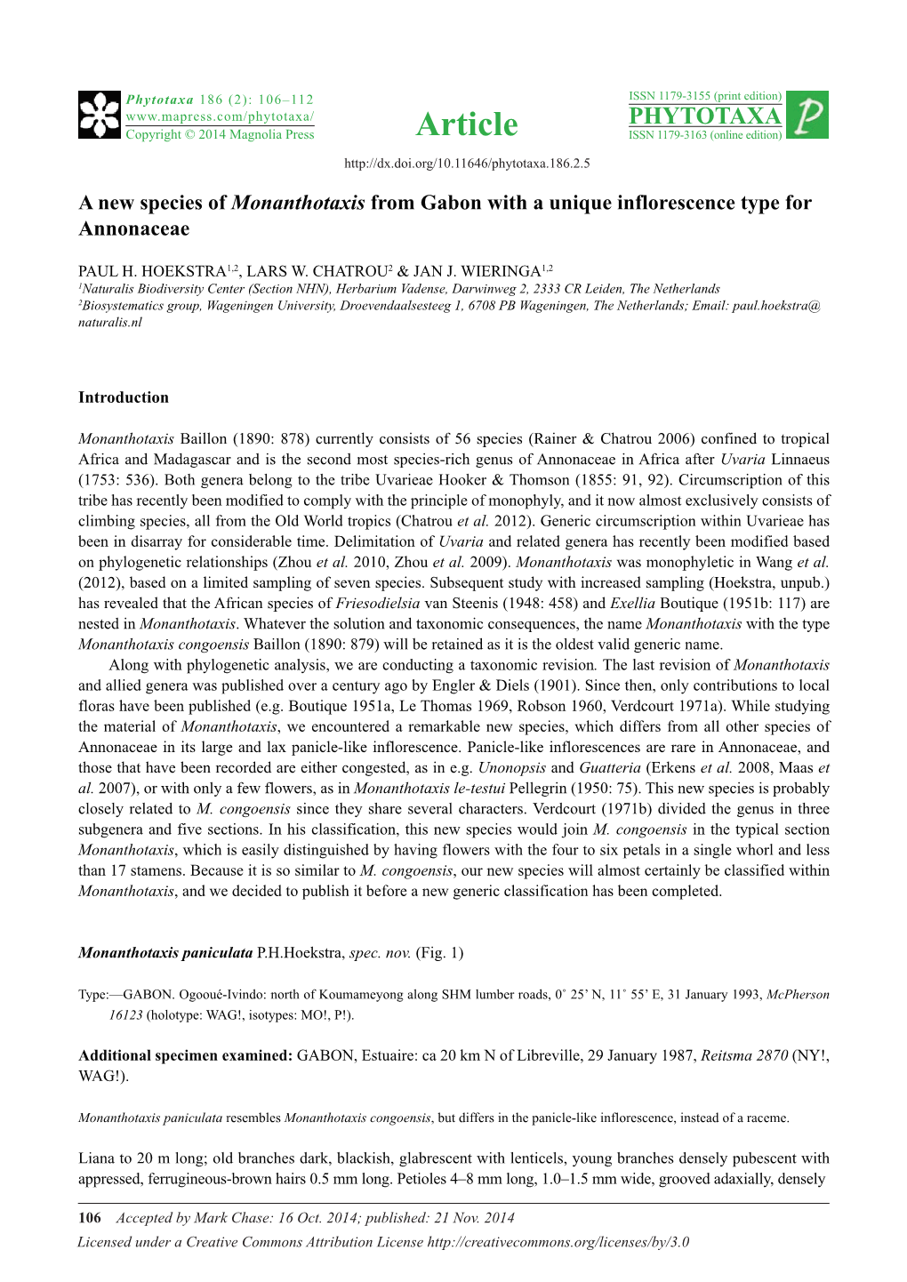 A New Species of Monanthotaxis from Gabon with a Unique Inflorescence Type for Annonaceae