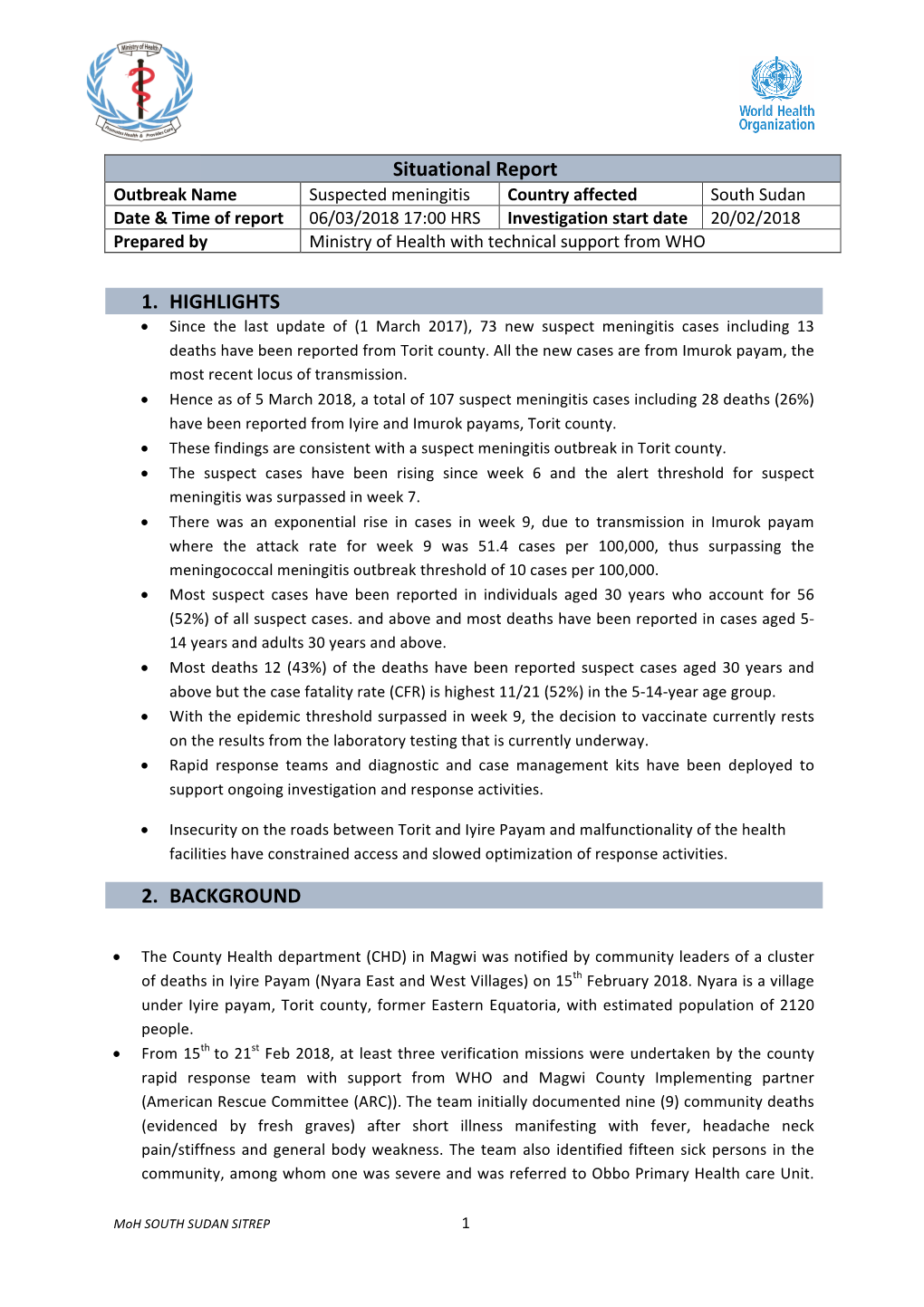 WHO SSD Meningitis Sitrep 2018 03 06 Final