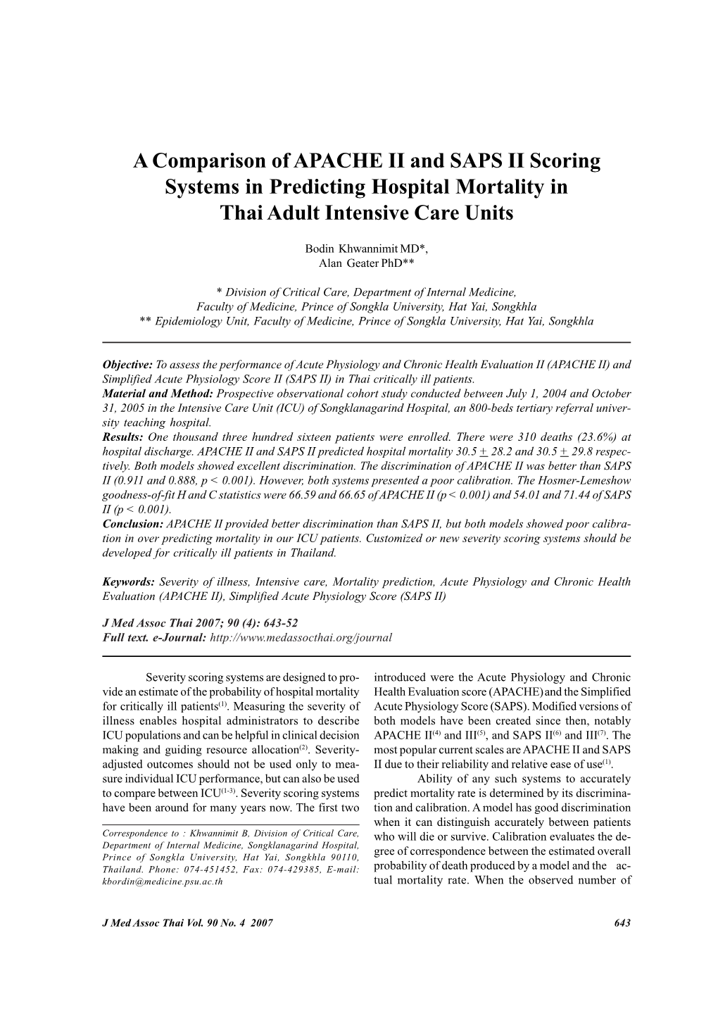 A Comparison of APACHE II and SAPS II Scoring Systems in Predicting Hospital Mortality in Thai Adult Intensive Care Units