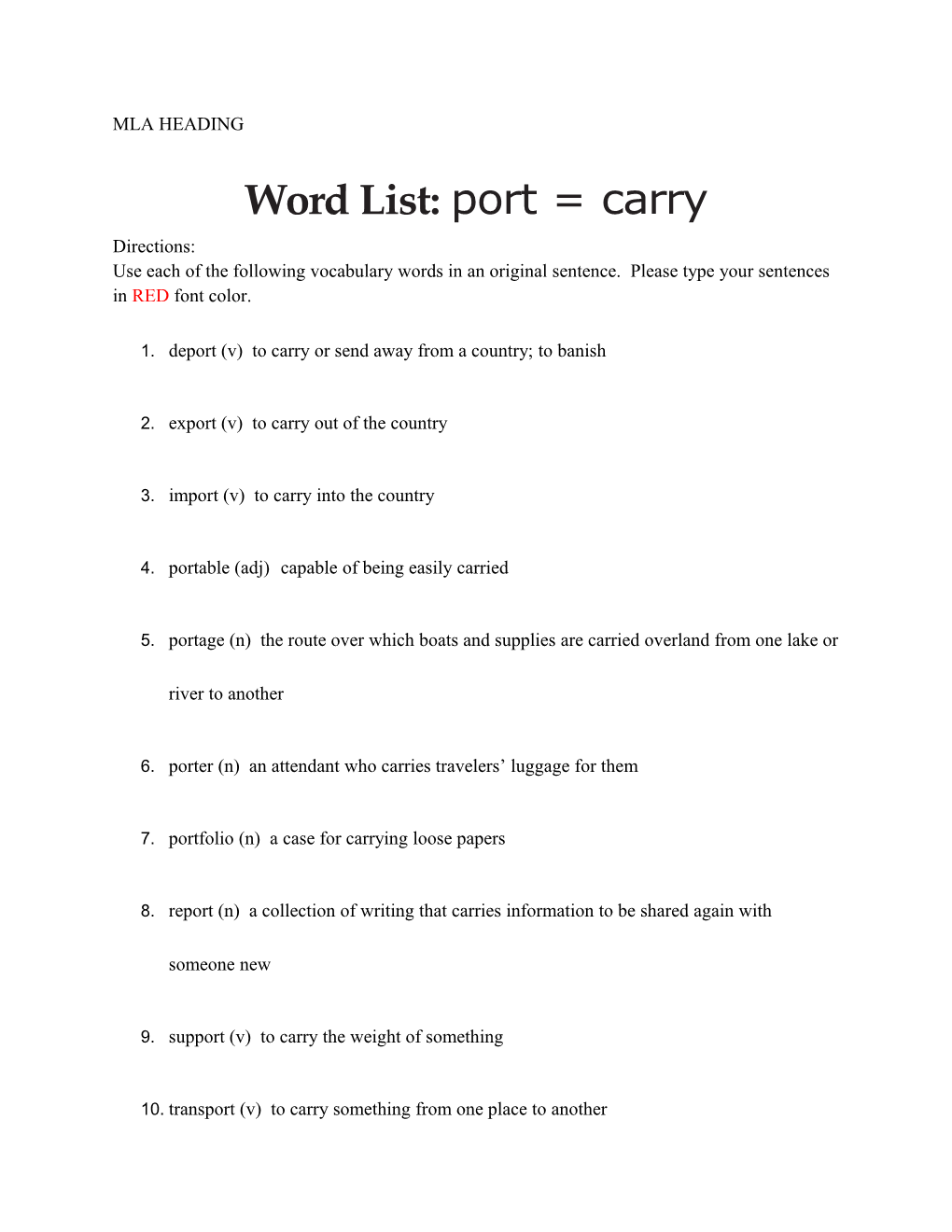 Word List: Port = Carry