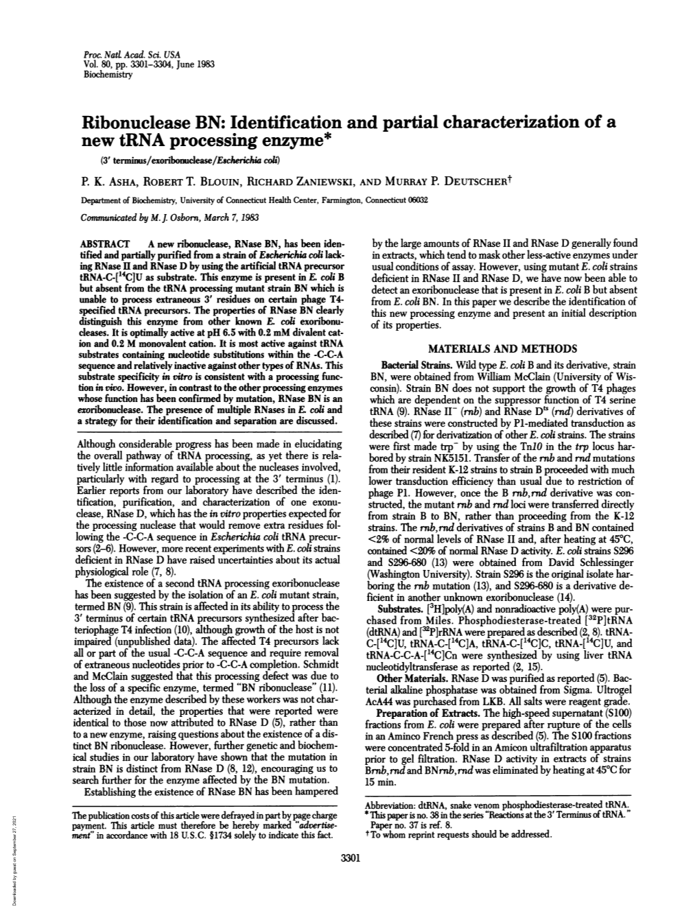 New Trna Processing Enzyme* (3' Terminus/Exoribonuclease/Escherichia Coli) P