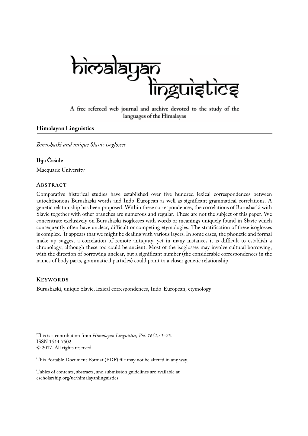 Himalayan Linguistics Burushaski and Unique Slavic Isoglosses