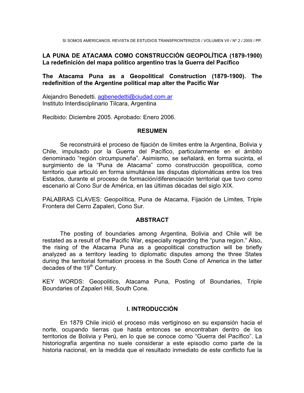 LA PUNA DE ATACAMA COMO CONSTRUCCIÓN GEOPOLÍTICA (1879-1900) La Redefinición Del Mapa Político Argentino Tras La Guerra Del Pacífico