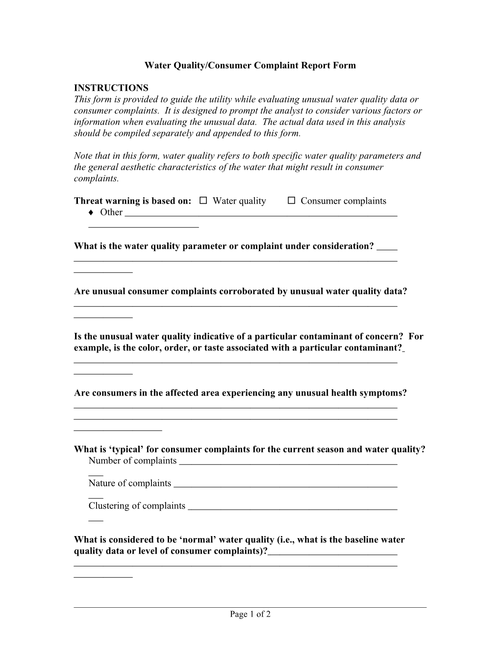 Water Quality/Consumer Complaint Report Form