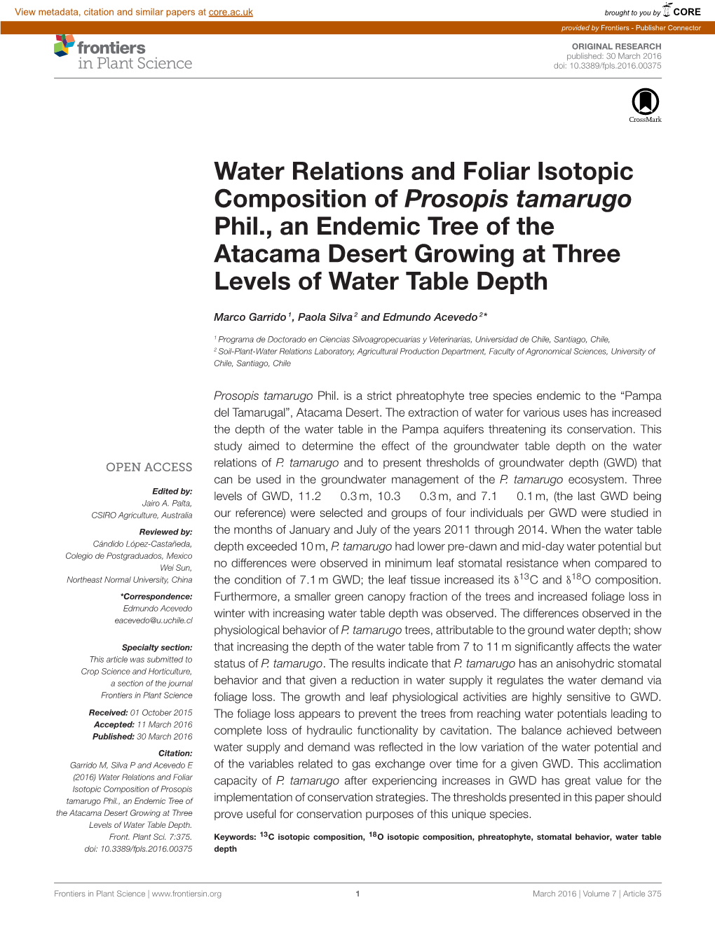 Water Relations and Foliar Isotopic Composition of Prosopis Tamarugo Phil., an Endemic Tree of the Atacama Desert Growing at Three Levels of Water Table Depth