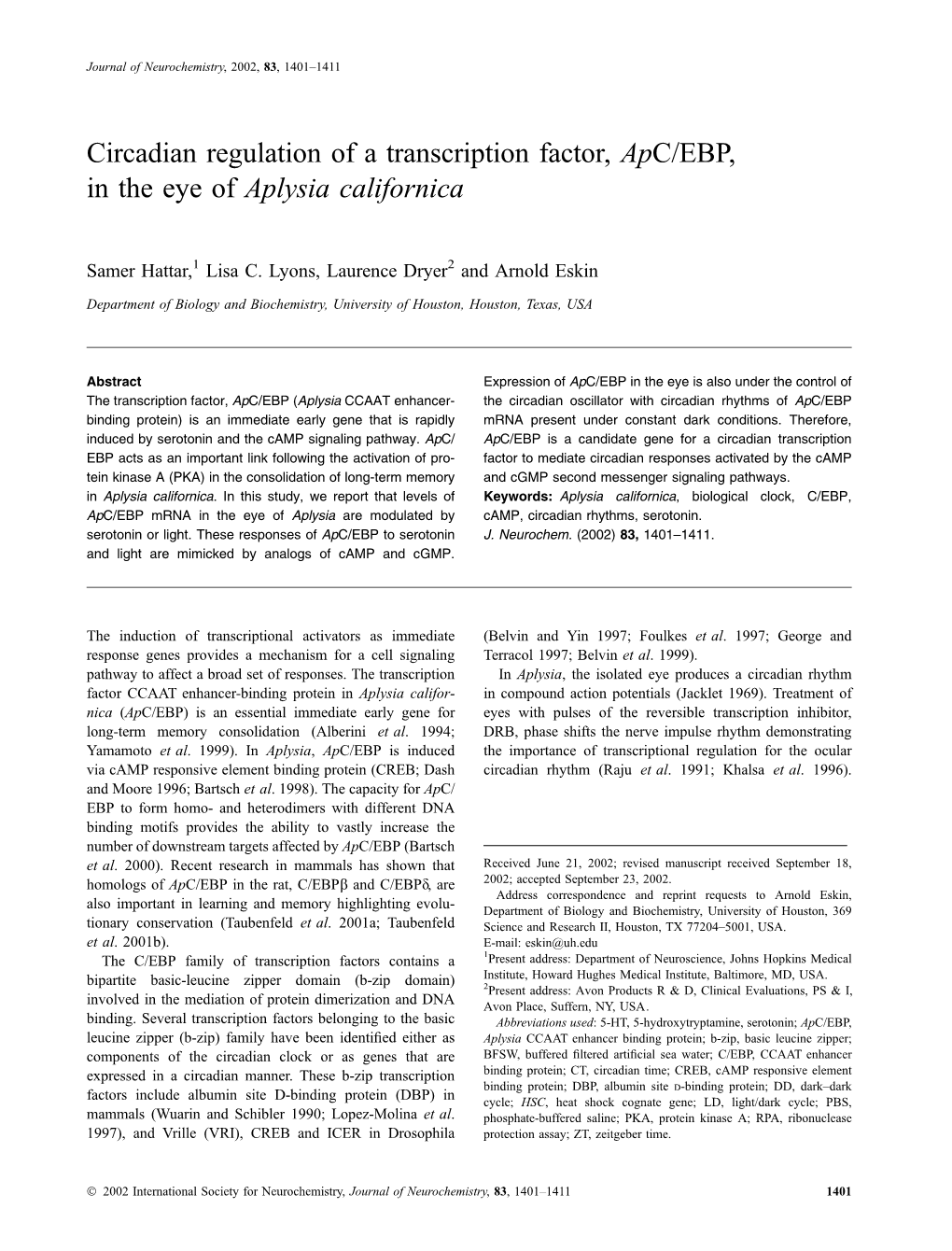 Circadian Regulation of a Transcription Factor, Apc/EBP, in the Eye of Aplysia Californica
