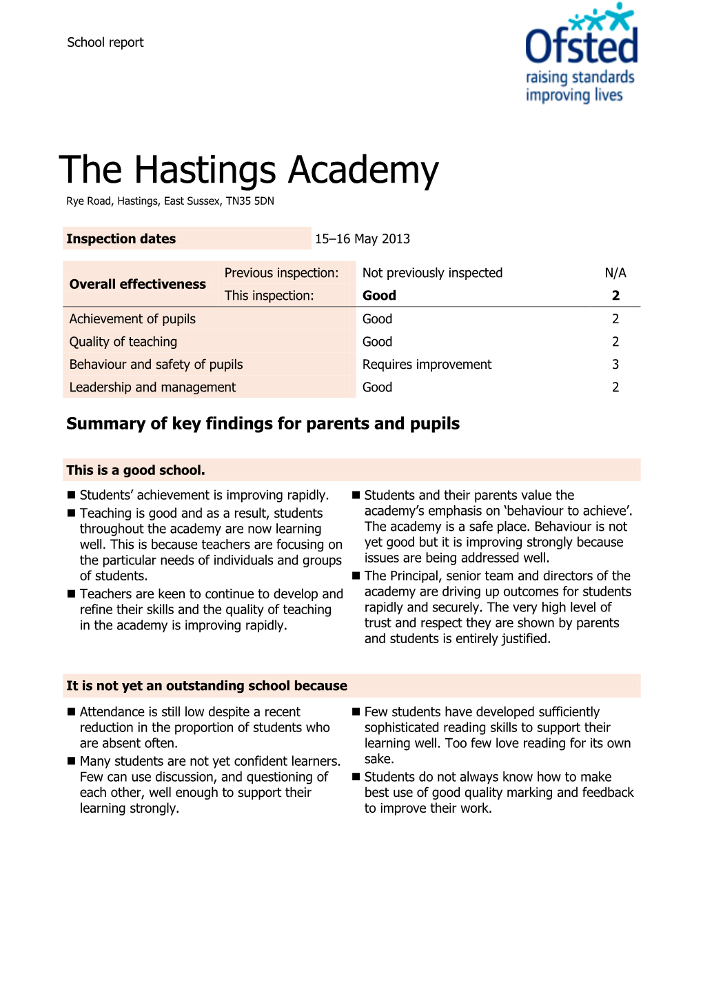 The Hastings Academy Rye Road, Hastings, East Sussex, TN35 5DN