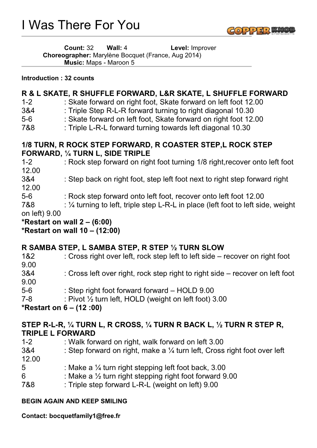 Copperknob - Linedance Stepsheets - I Was There for You