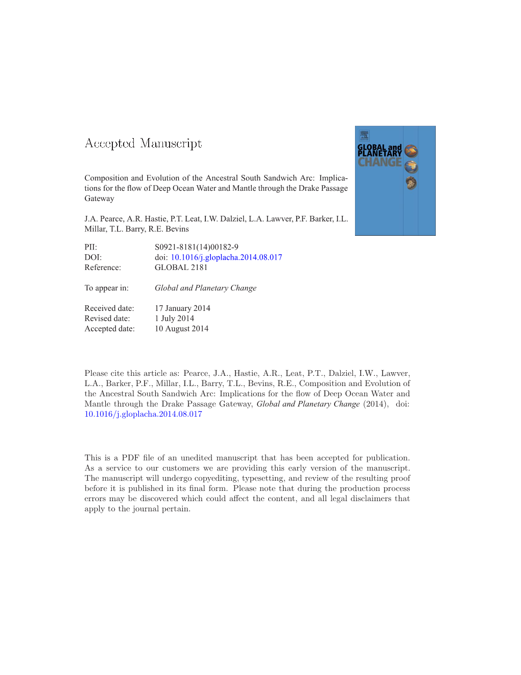 Composition and Evolution of the Ancestral South Sandwich Arc: Implica- Tions for the ﬂow of Deep Ocean Water and Mantle Through the Drake Passage Gateway