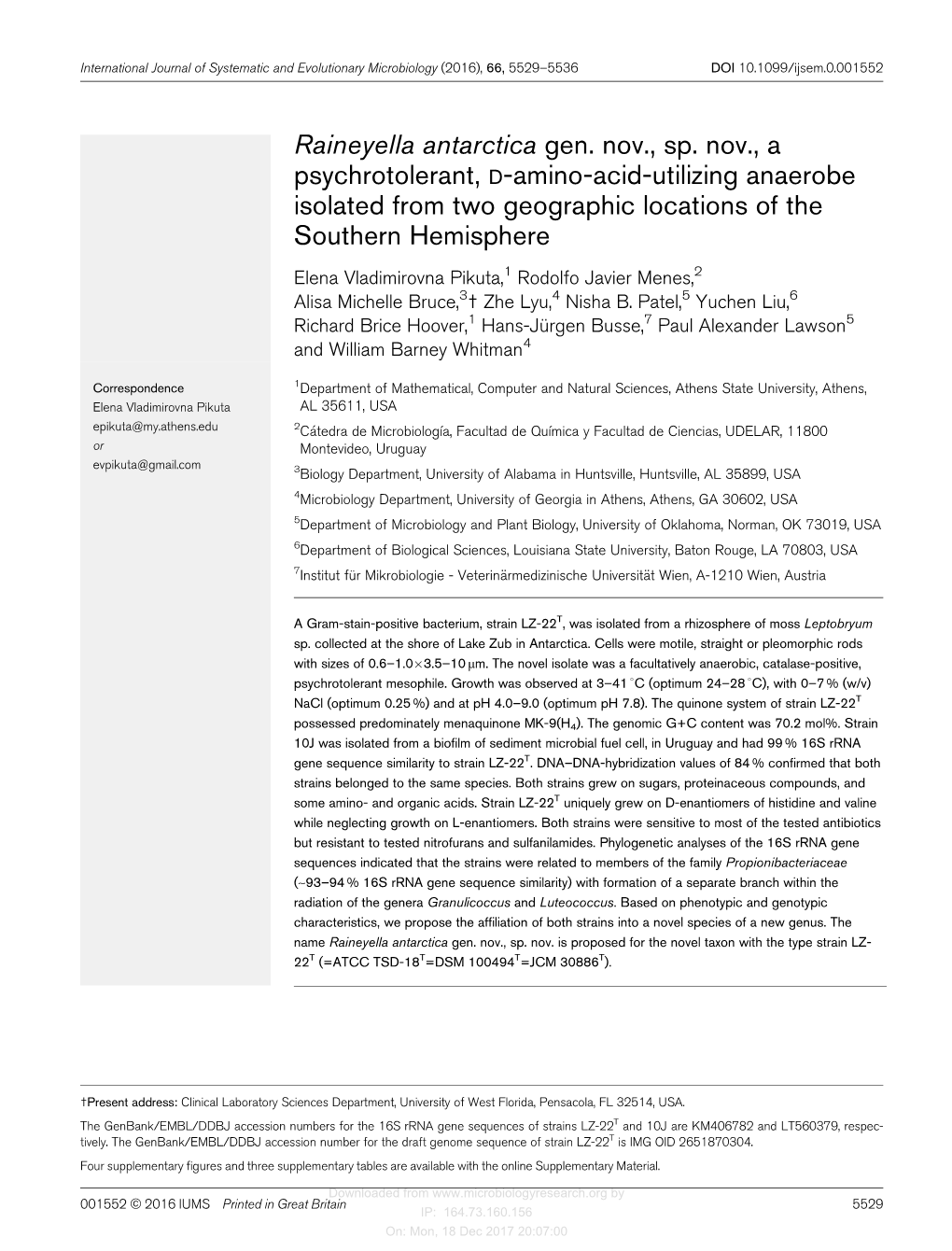 Raineyella Antarctica Gen. Nov., Sp. Nov., a Psychrotolerant, D-Amino-Acid-Utilizing Anaerobe Isolated from Two Geographic Locat