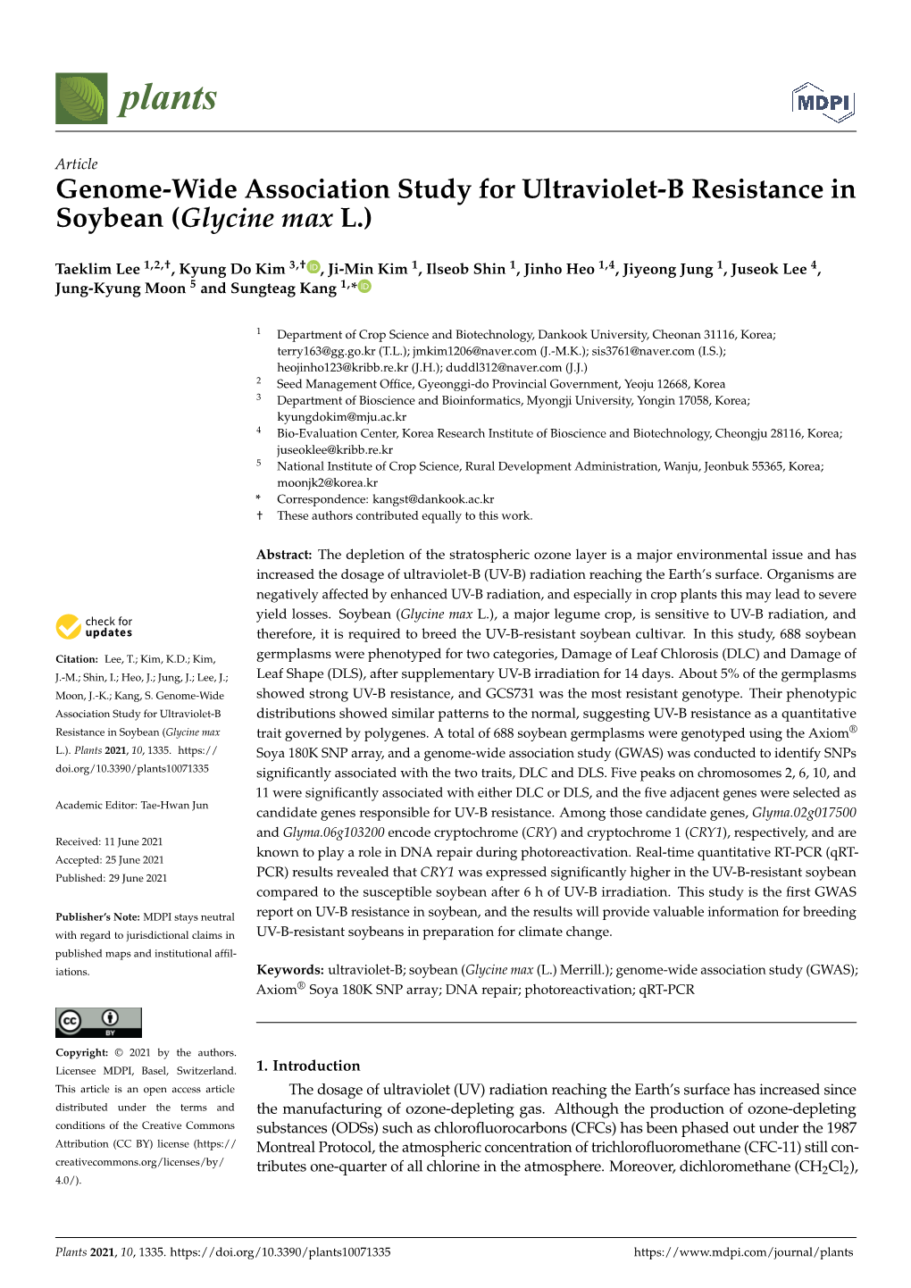 Genome-Wide Association Study for Ultraviolet-B Resistance in Soybean (Glycine Max L.)