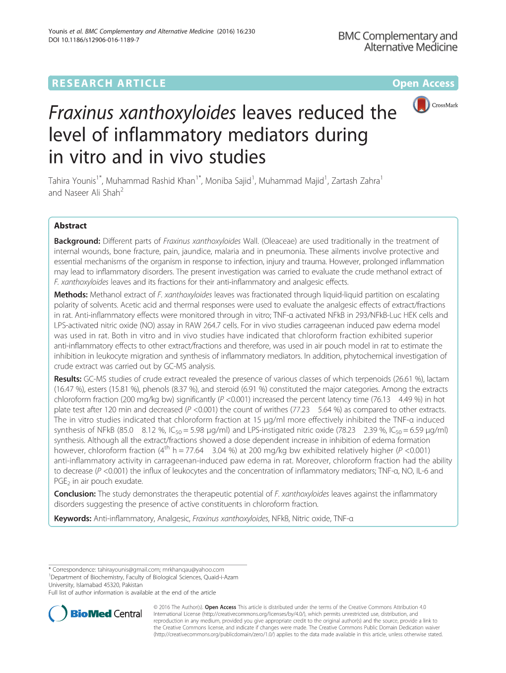 Fraxinus Xanthoxyloides Leaves Reduced the Level of Inflammatory